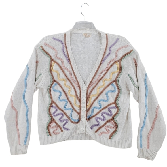 Vtg Silk Focus Cardigan Wmn M Sweater White Button Up Pastel Knit Embellishments - Picture 4 of 14